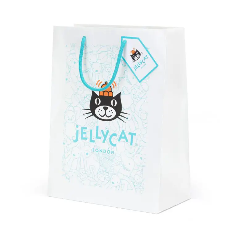 Jellycat logo on a white and blue giftbag