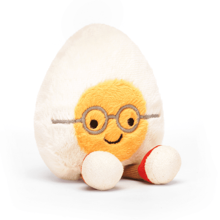 A push Amusable Boiled Egg sits smiling, wearing a pair of glasses
