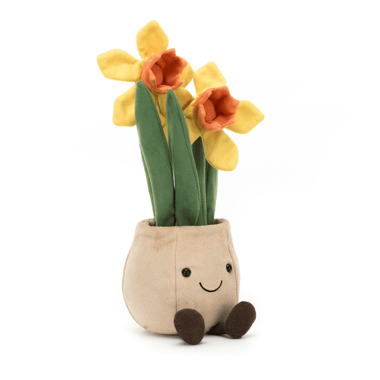 The Amusable Daffodil pot has two blooms, a smiling fuzzy pot, and a mix of green leaves and stems