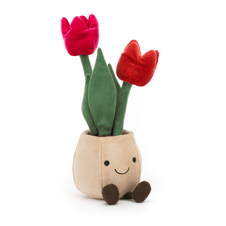 The Amusable Tulip Pot from Jellycat has a red and dark pink flower and a mix of stems and leaves in a smiling pot