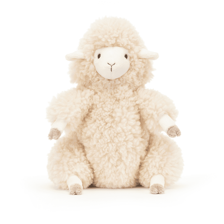Bibbly Bobbly Sheep toy from Jellycat sitting on a white background