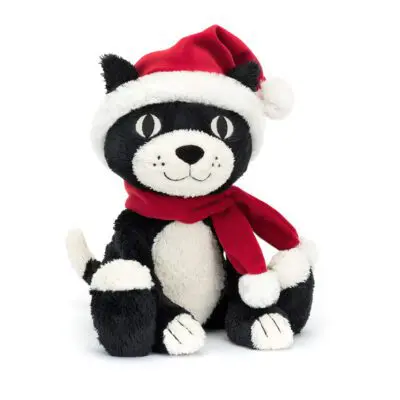 Jellycat Jack black and white cat wearing a dark red and white Santa hat with a matching scarf