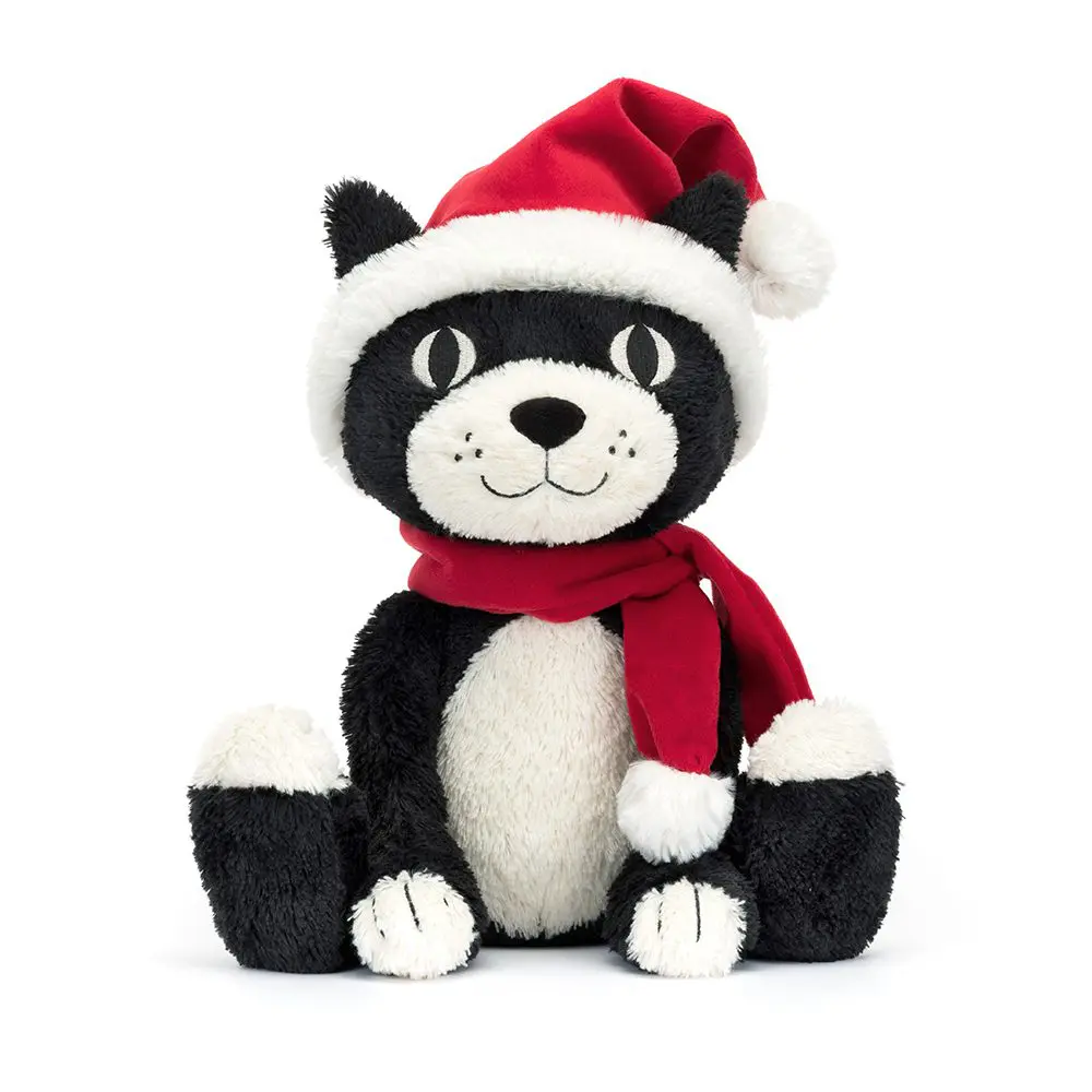 Jellycat Jack black and white cat wearing a dark red and white Santa hat with a matching scarf