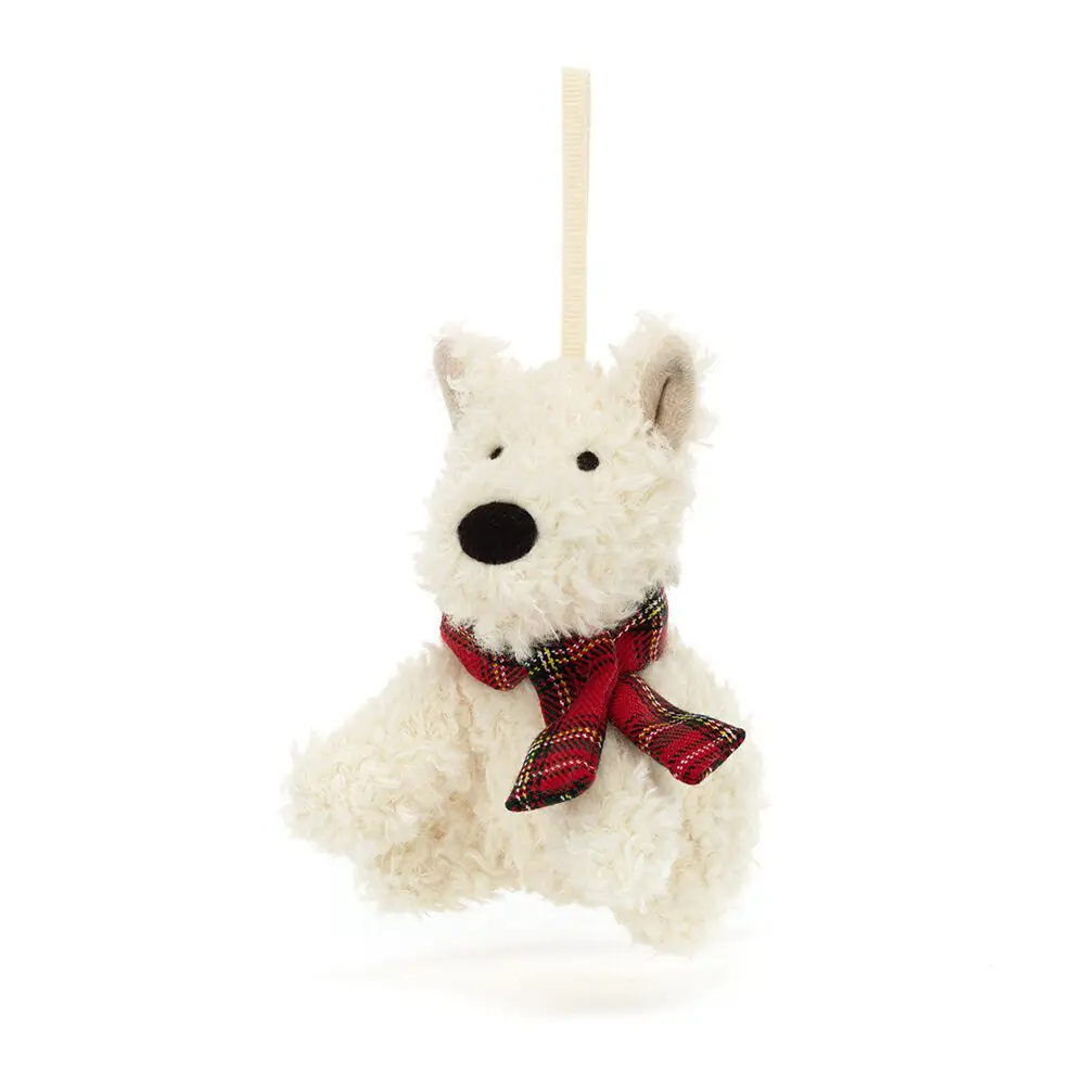 mini Munro Scottie dog with tartan scarf and a loop to hang on a Christmas tree